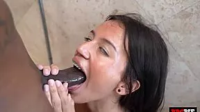brace face petite slut worships and rides that big black cock in shower