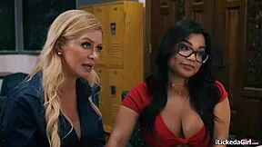 Lesbian stepmom facesits and dovefucks petite stepdaughter in classroom