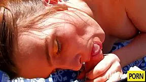 eighteen year old millie espiegle drops to all fours on nude beach for brutal anal pounding and cumshot