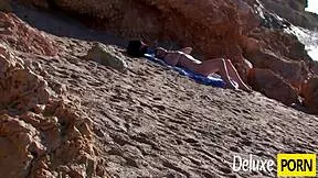 eighteen year old millie espiegle drops to all fours on nude beach for brutal anal pounding and cumshot