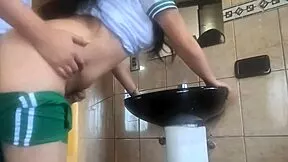 schoolgirl pounds tight pussy in bathroom after classes with boyfriend homemade pov