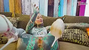 Tattooed Goth Fingers Anal in White Lingerie and Toys