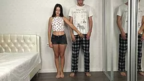 petite neighbor spies tall roommate's cock can't resist mutual handjob to cum explosion
