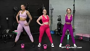 our trainer's huge dick gets passed around us girls in gym foursome