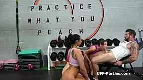 our trainer's huge dick gets passed around us girls in gym foursome