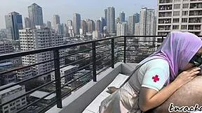 i'm the hijab nurse ditching duty for rooftop public wet blowjob... so naughty