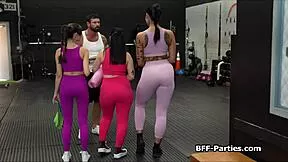 our trainer's huge dick gets passed around us girls in gym foursome