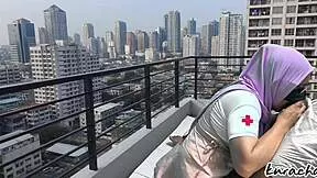 i'm the hijab nurse ditching duty for rooftop public wet blowjob... so naughty
