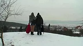 young blonde rides grandpa's cock deep in snowy outdoor fuck