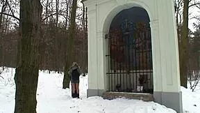 young blonde rides grandpa's cock deep in snowy outdoor fuck