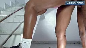 College Coed Grabs Senior's BBC Under Staircase!