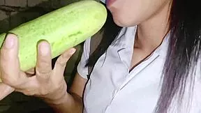 big cucumber stretches pussy till she squirts cum inside