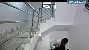 College Coed Grabs Senior's BBC Under Staircase!