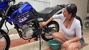 pregnant whore washes motorcycle then rides cock cowgirl outdoors in public pov