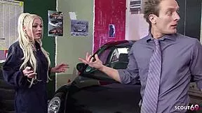 whoa sexy blonde pigtail cougar with huge tits seduces boss for garage cheating quickie doggystyle