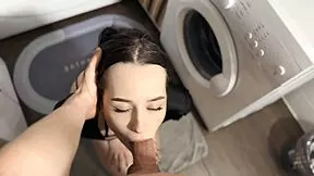 step-sis caught rubbing pussy in bathroom gives messy deepthroat blowjob