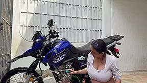 pregnant whore washes motorcycle then rides cock cowgirl outdoors in public pov