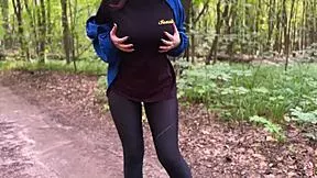 Busty Babe in Leggings Risks Public Forest Blowjob Facial