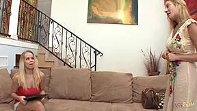 blonde cougar licks young blonde pussy makes her cum hard tribbing