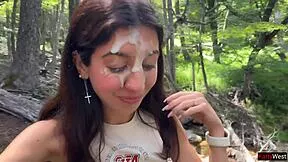 a fellow traveler sucks and fucks rough outdoors in forest public cumwalk risky petite brunette pov