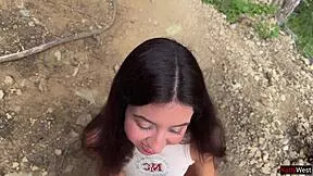 a fellow traveler sucks and fucks rough outdoors in forest public cumwalk risky petite brunette pov