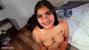 Deepthroat my monster black cock, Karla Montero begs submissively with braces on. Face fucking ends in huge facial cumshot.