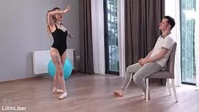 ballerina shows off stretches to teacher early morning