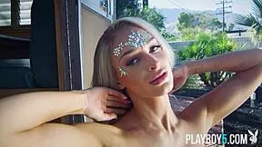 Petite bombshell milf blonde Kenna James strips slow teasing her big ass in ripped clothes for Playboy centerfold