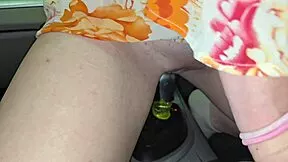 slutty blonde fucks car gear shift with her wet pussy upskirt!