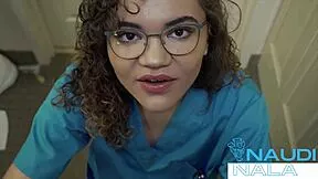 naudi nala gives curly ebony patient femdom handjob pov cumshot