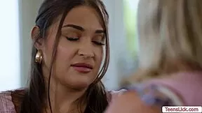 I get my busty brunette friend's shaved pussy dripping wet with my tongue