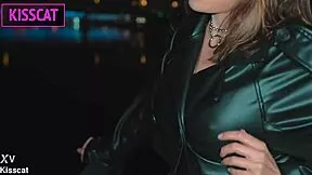 Hottie with tattoos on huge fake tits in leather coat rides cock POV till creampie orgasm