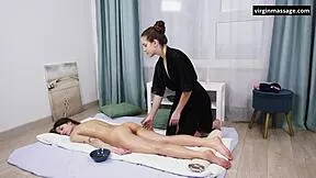 sexy masseuse teases beautiful virgin's wet breasts slowly