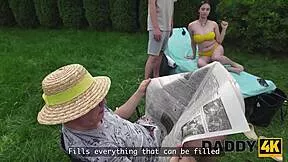 stepdaddy scores juicy melons and tight pussy from son's girlfriend at the ranch