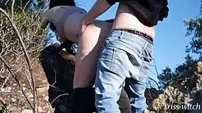 triss-witch hikes for outdoor blowjob then bends for forest doggystyle pounding