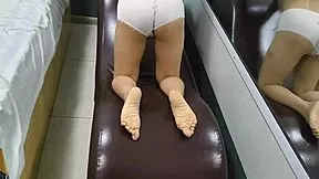 sexy asian teen girlfriend sweats big ass on sex chair workout