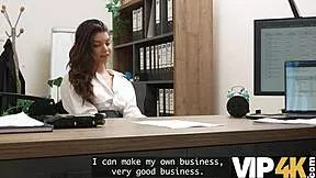 mysterious office brunette seals loan with hard pussy pounding on desk