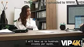 mysterious office brunette seals loan with hard pussy pounding on desk