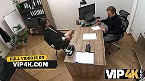 mysterious office brunette seals loan with hard pussy pounding on desk