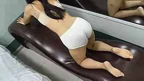 sexy asian teen girlfriend sweats big ass on sex chair workout
