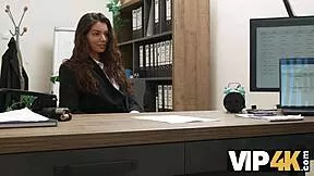 mysterious office brunette seals loan with hard pussy pounding on desk