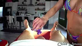 chloe amour squeezes tight in pov handjob then grinds footjob barefoot