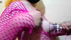 blonde latina tgurl bimbo milks huge lactating tits with punishing machine on puffy nipples