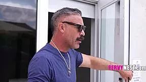 Stepdad super nervous as sunbathing teen bikini bends over big cock