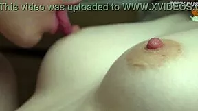 Skinny babe sucks big natural tits plays with puffy nipples close up
