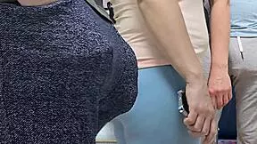 Wet amateur flashes juicy pussy lips on crowded bus for stranger handjob cum