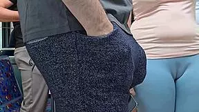Wet amateur flashes juicy pussy lips on crowded bus for stranger handjob cum