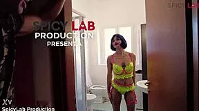 Young euro lady's shaved pussy and ass wrecked in bathroom from spooning to atm cum