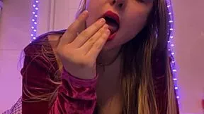 She grabs that dildo for a deep suck then goes crazy fingering her pussy in stockings for quickie orgasm.