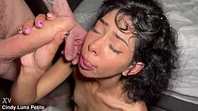 Skinny petite latina overwhelmed by rough threesome double vaginal pounding